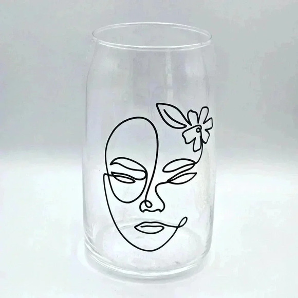 Face Flower Asymmetrical Line 16oz Beer Can Glass Cup NWT - Picture 2 of 2